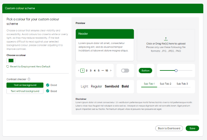 Custom colour scheme settings page with options to pick a colour for the custom scheme. A preview section displays various UI elements like headers, buttons, tabs, and text in the selected colour. A contrast checker shows the readability status for 'Text on background' and 'Text without background.' Buttons at the bottom allow saving or returning to the dashboard.